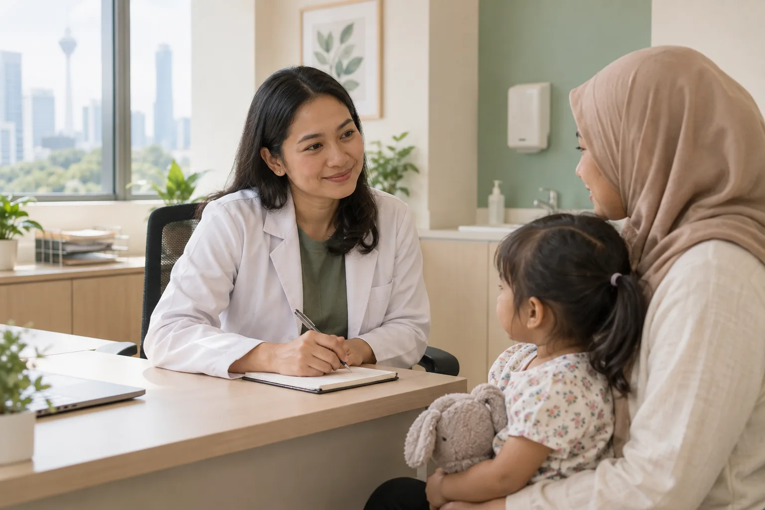 Illustrative scene of a doctor talking with a parent and child
