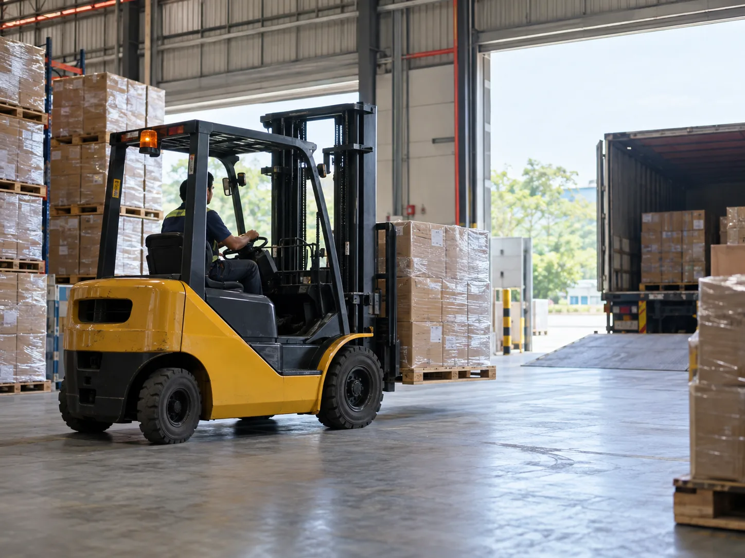 Illustrative unbranded forklift moving freight in a warehouse